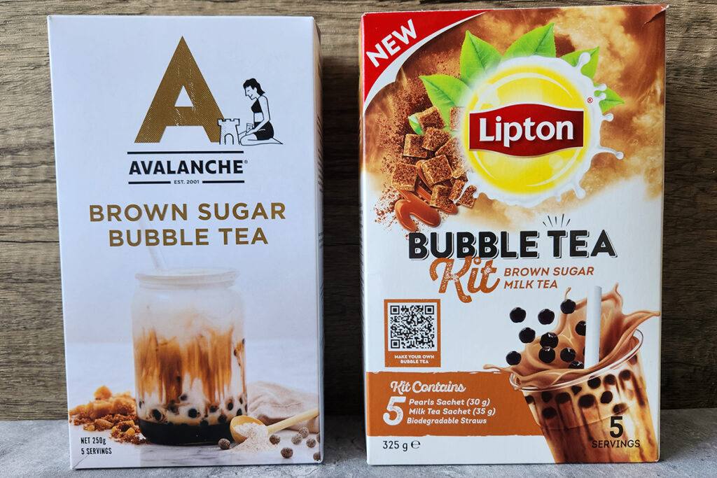 Two bubble tea kit boxes: Avalanche and Lipton brands